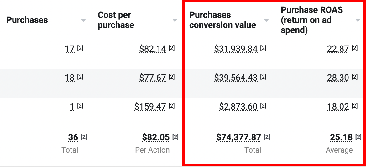 Meta Ads Manager screenshot showing $74,377.87 purchase conversion value and 25.18 purchase ROAS